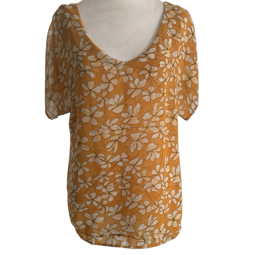 CAbi golden yellow floral print layered sheer women’s small Thrive blouse top